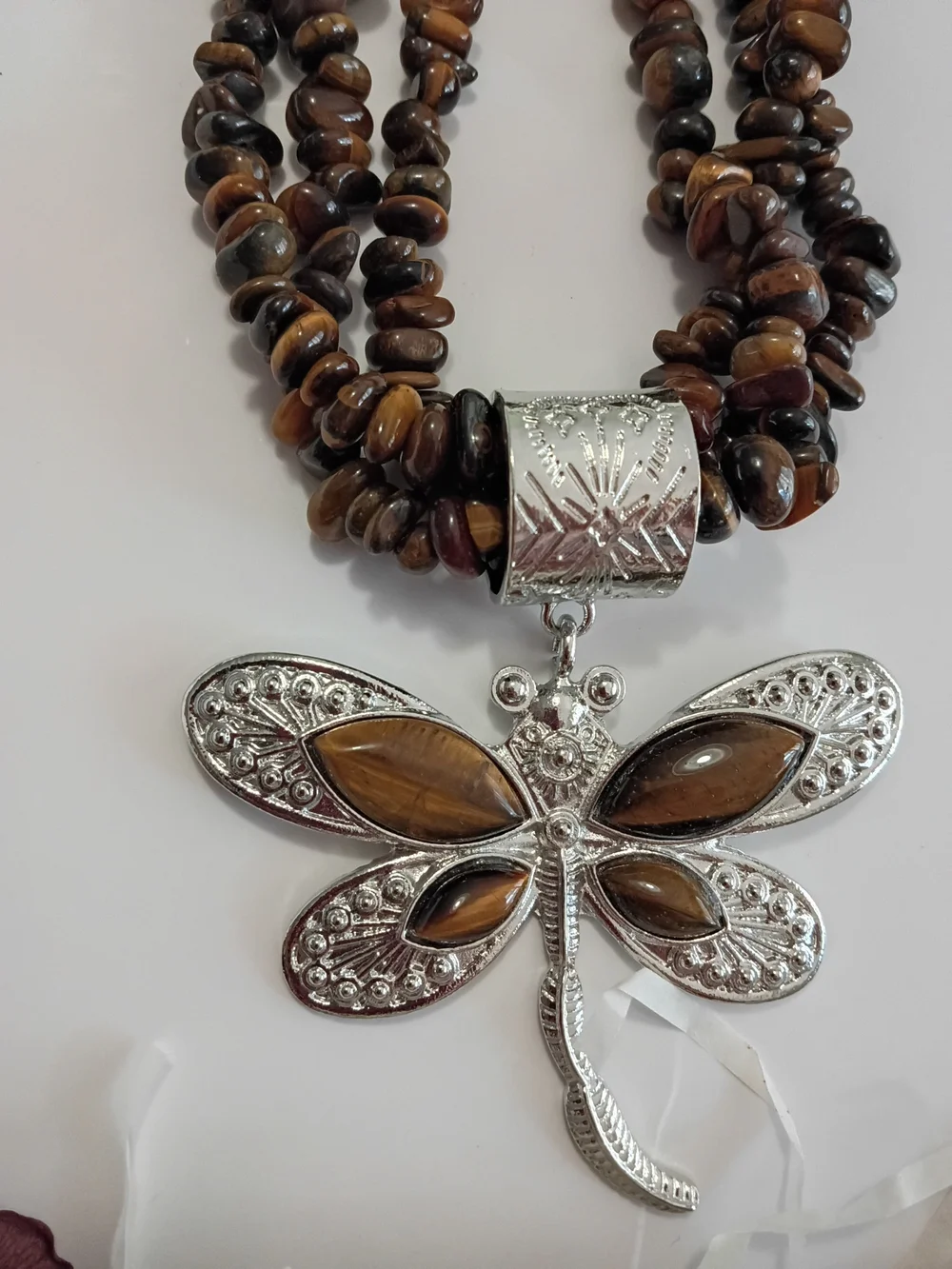 JTV Brown Tiger Eye Multi-Strand Necklace with Silver Dragonfly Pendant
